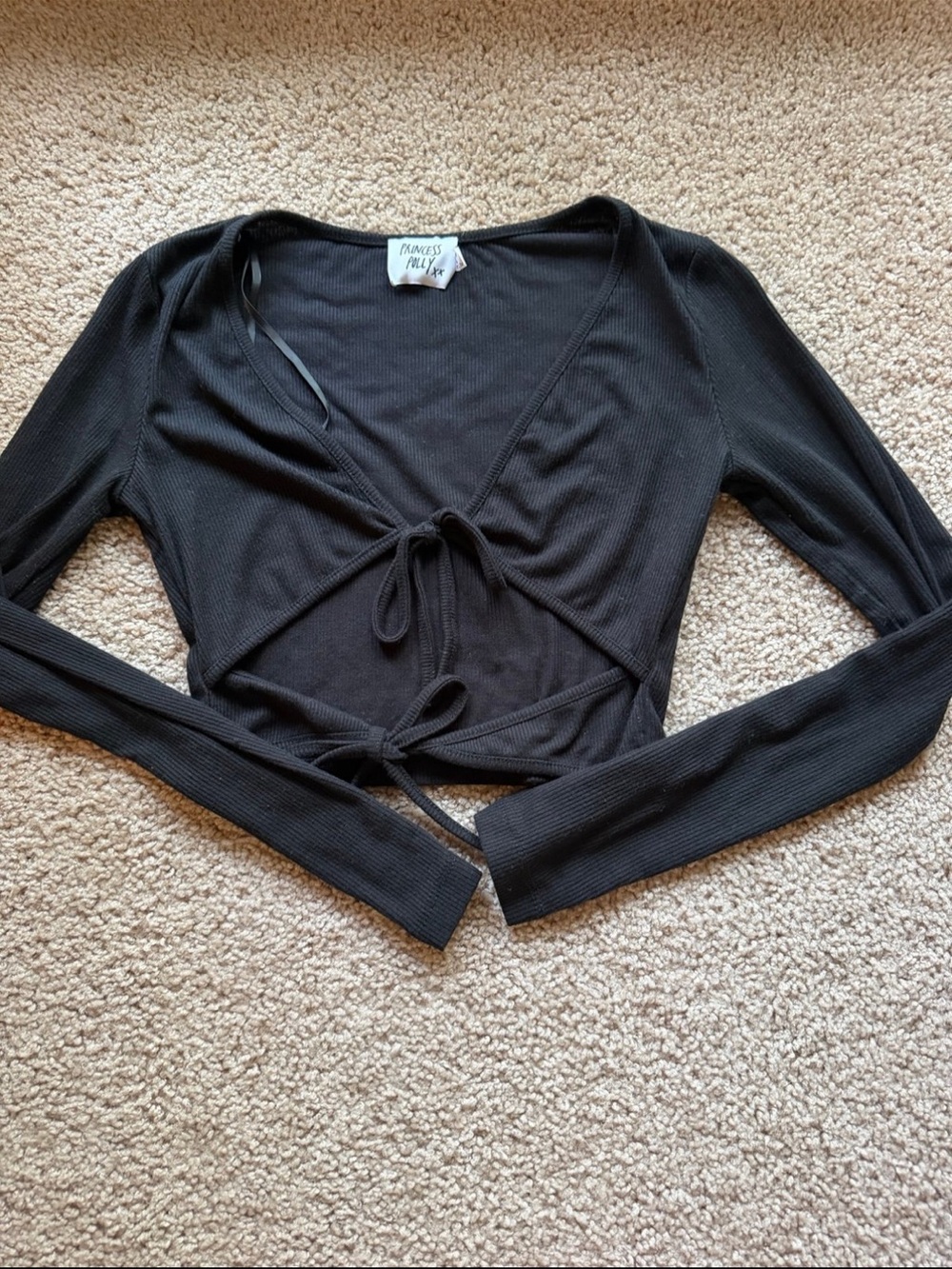 Princess Polly Black Ribbed Wrap Tie Crop Top